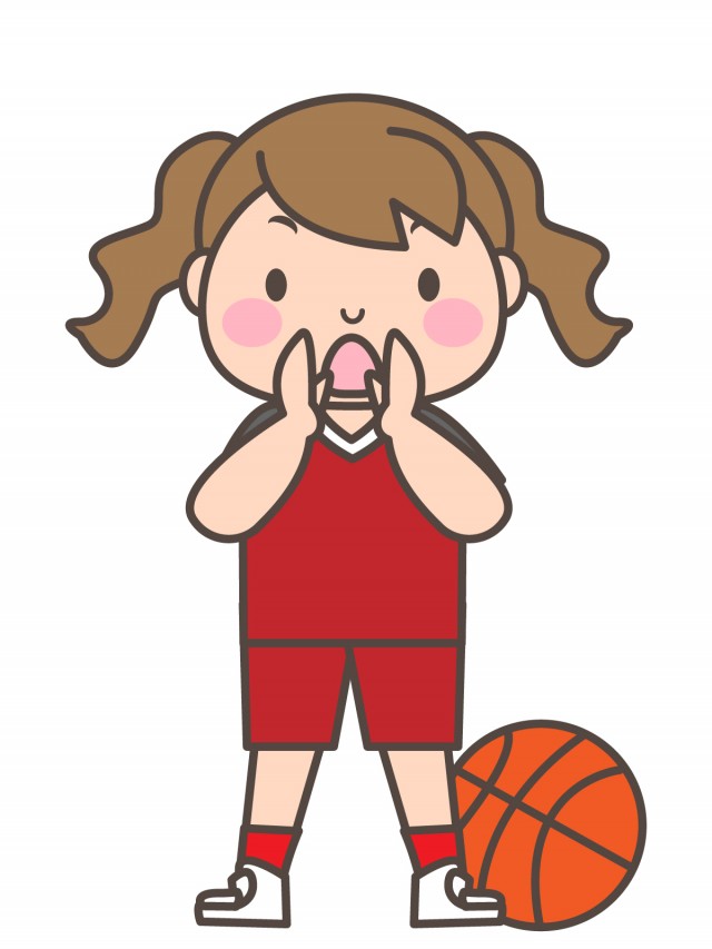 女子バスケ部 足元にボールを置いて声をかけている部員 無料イラスト素材 素材ラボ