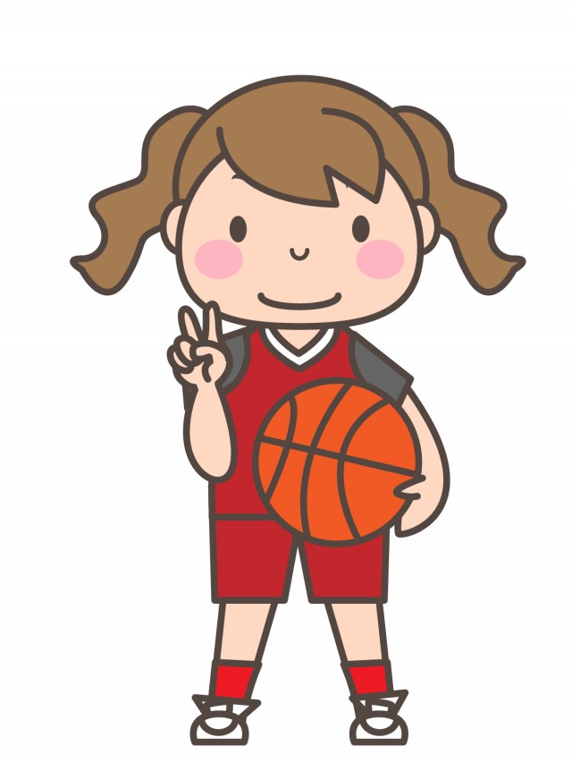 女子バスケ部 ボールを持ってブイサインする部員 無料イラスト素材 素材ラボ