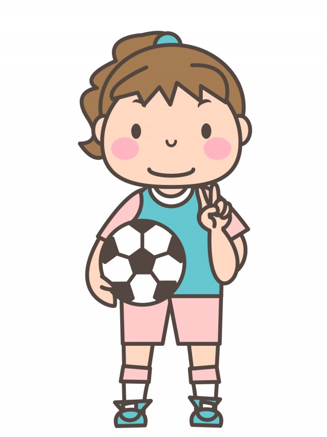 女子サッカー部 ボールを持ってブイサインしている部員 無料イラスト素材 素材ラボ