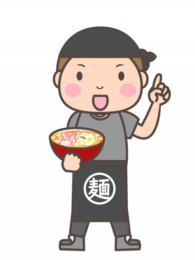 ラーメンを持って上を指さすラーメン屋さん 無料イラスト素材 素材ラボ