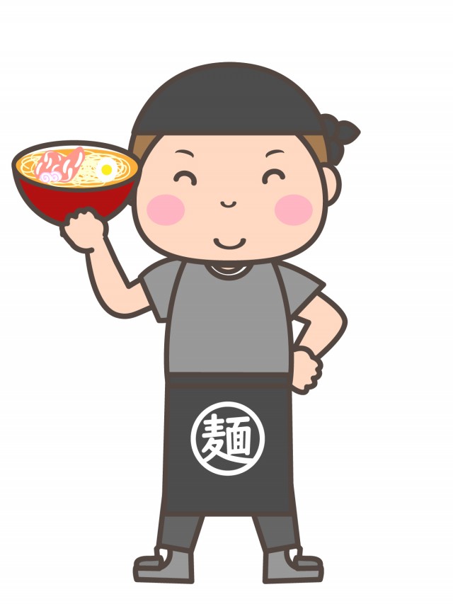 片手でラーメンを持つ笑顔のラーメン屋さん 無料イラスト素材 素材ラボ