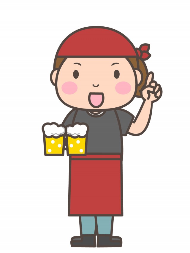 ビールを持って上を指さす居酒屋の店員 無料イラスト素材 素材ラボ