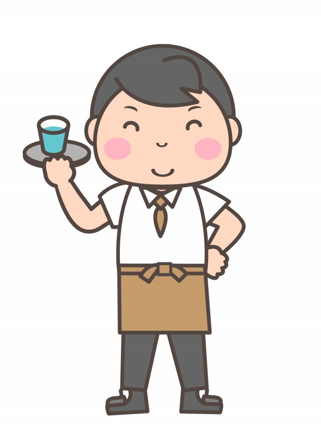 水の入ったコップを持つカフェ店員 無料イラスト素材 素材ラボ