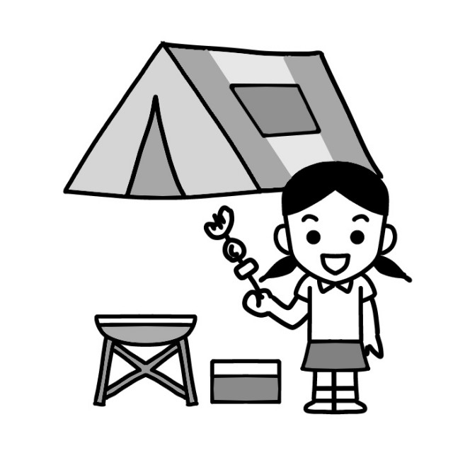 バーベキューを持った女児とキャンプイラスト 無料イラスト素材 素材ラボ