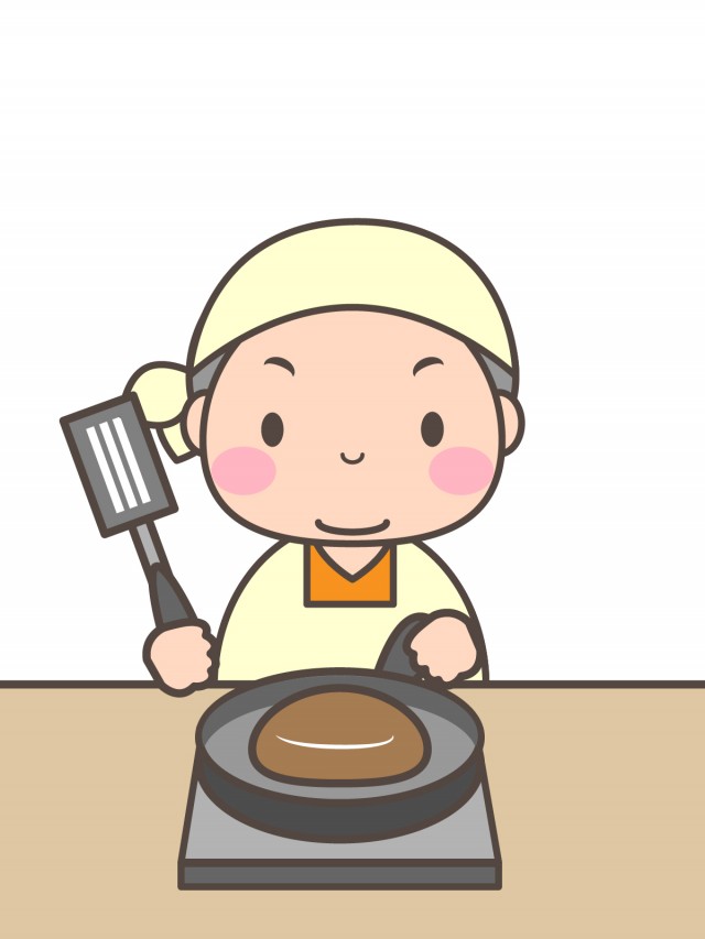 プリント用イラスト フライパンで食材を焼いている男の子 無料イラスト素材 素材ラボ