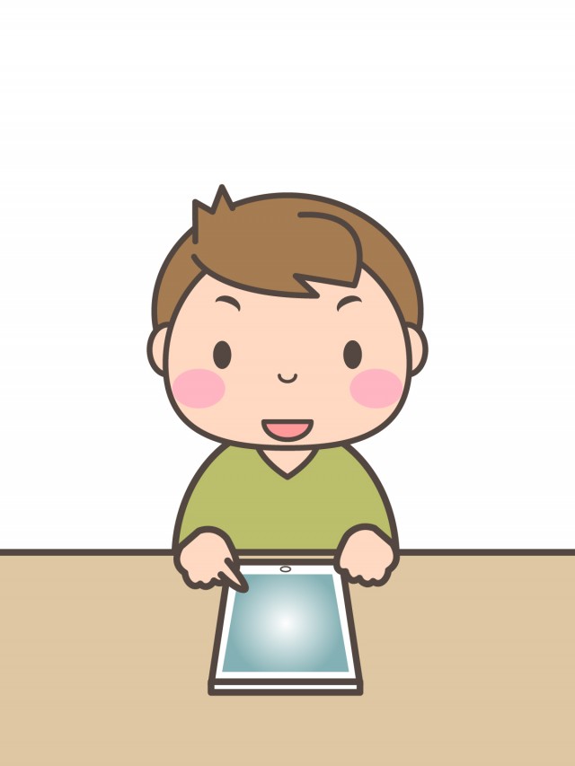 プリント用イラスト カラー モノクロ タブレットを操作する男の子 無料イラスト素材 素材ラボ