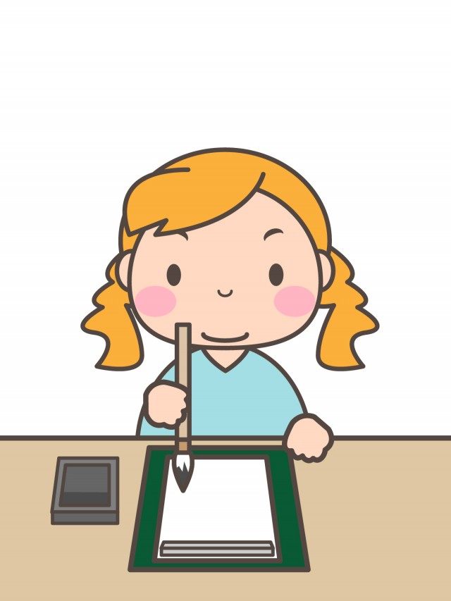 プリント用 カラー モノクロ 習字の練習をする女の子 無料イラスト素材 素材ラボ