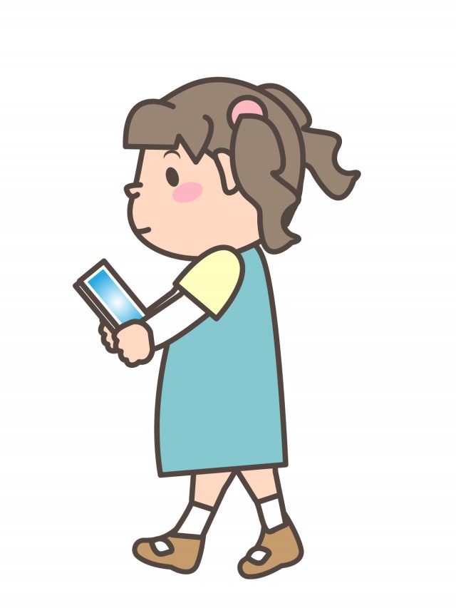 プリント カラー モノクロ 歩きスマホをするツインテールの女の子