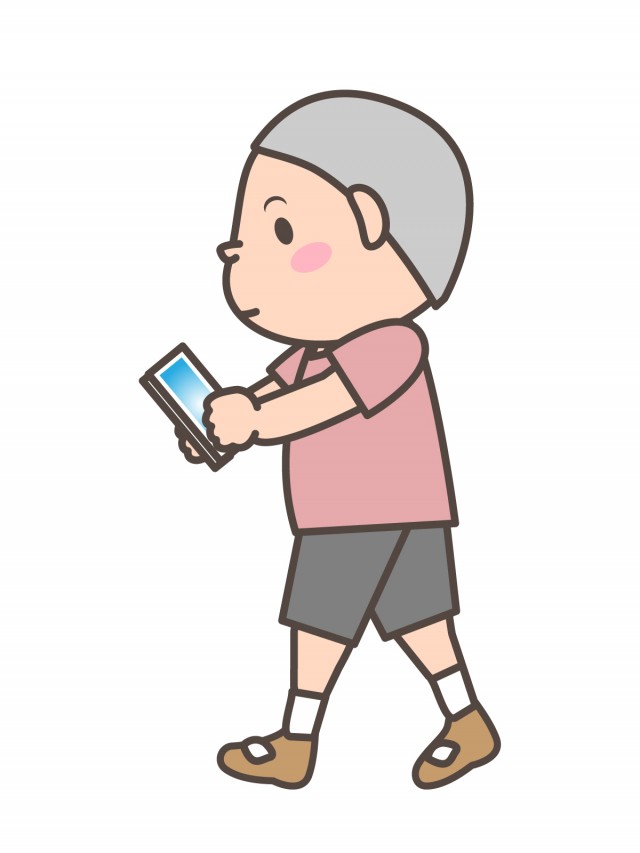 プリント カラー モノクロ 歩きスマホをする坊主頭の男の子 無料イラスト素材 素材ラボ