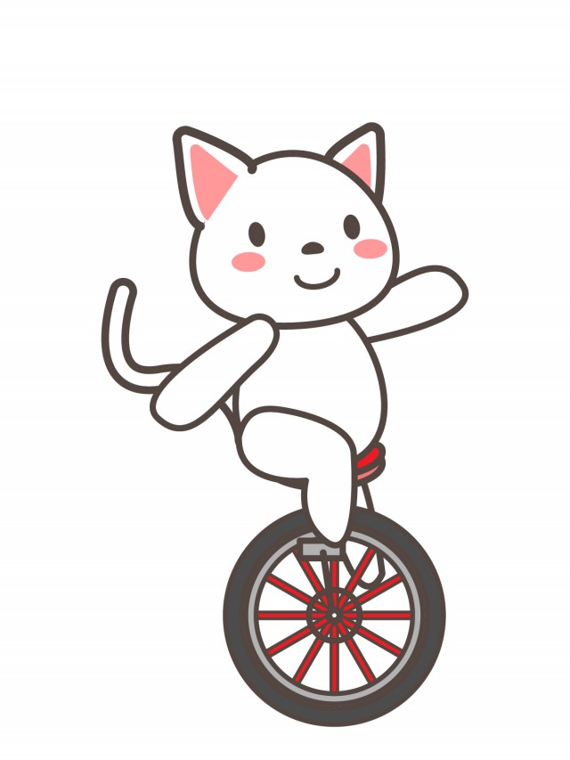 プリント カラー モノクロ 一輪車に乗る白いネコ 無料イラスト素材 素材ラボ