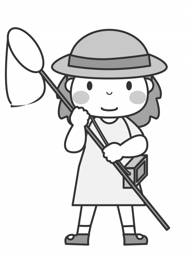プリント カラー モノクロ 虫取りをする女の子 無料イラスト素材 素材ラボ