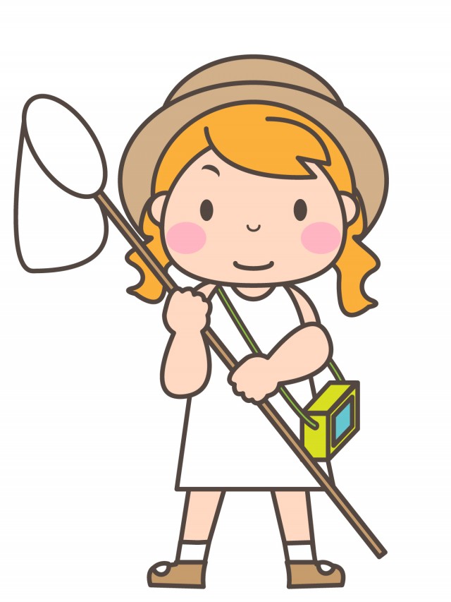 プリント カラー モノクロ 虫取りをする麦わら帽子をかぶった女の子 無料イラスト素材 素材ラボ
