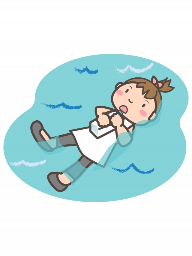 プリント カラー モノクロ ボトルを抱えて水上で救助を待つ女の子 ういてまて 無料イラスト素材 素材ラボ