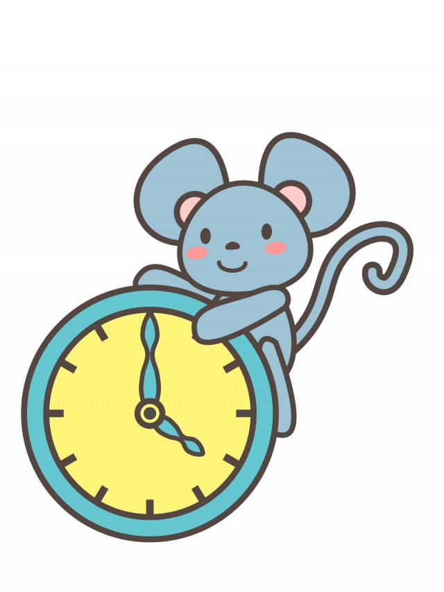 プリント カラー モノクロ 4時の時計を持つネズミ 無料イラスト