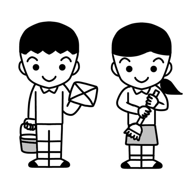掃除道具を持った男児と女児のイラスト 無料イラスト素材 素材ラボ