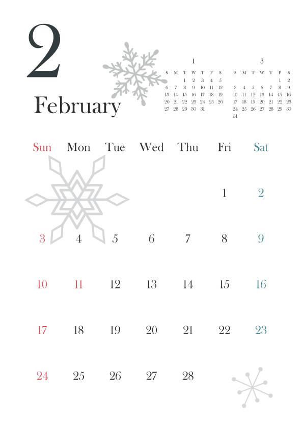 2019年カレンダー 縦型 2月 雪の結晶 無料イラスト素材 素材ラボ