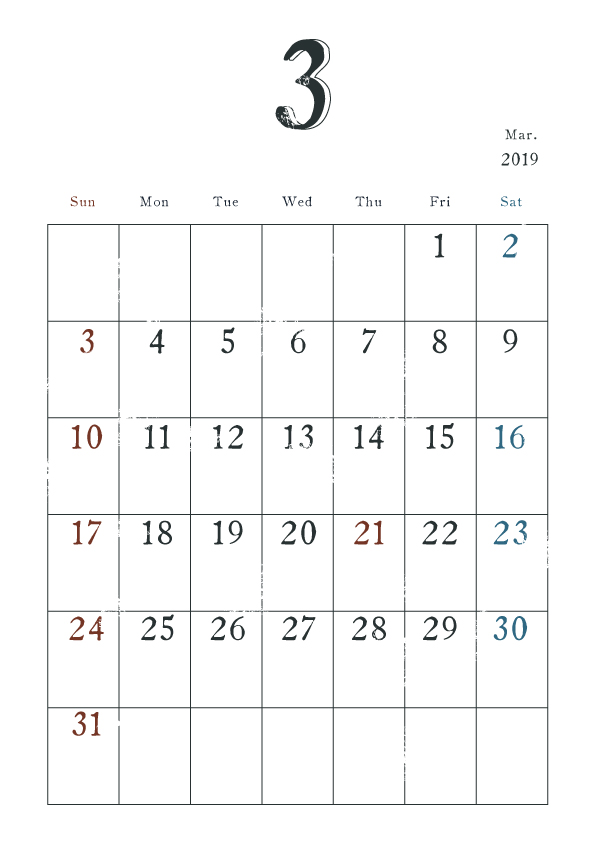 19年カレンダー シンプル 3月 ヴィンテージ風 無料イラスト素材 素材ラボ