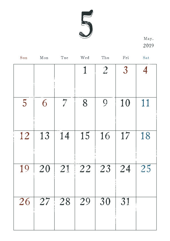 2019年カレンダー シンプル 5月 ヴィンテージ風 無料イラスト素材 素材ラボ