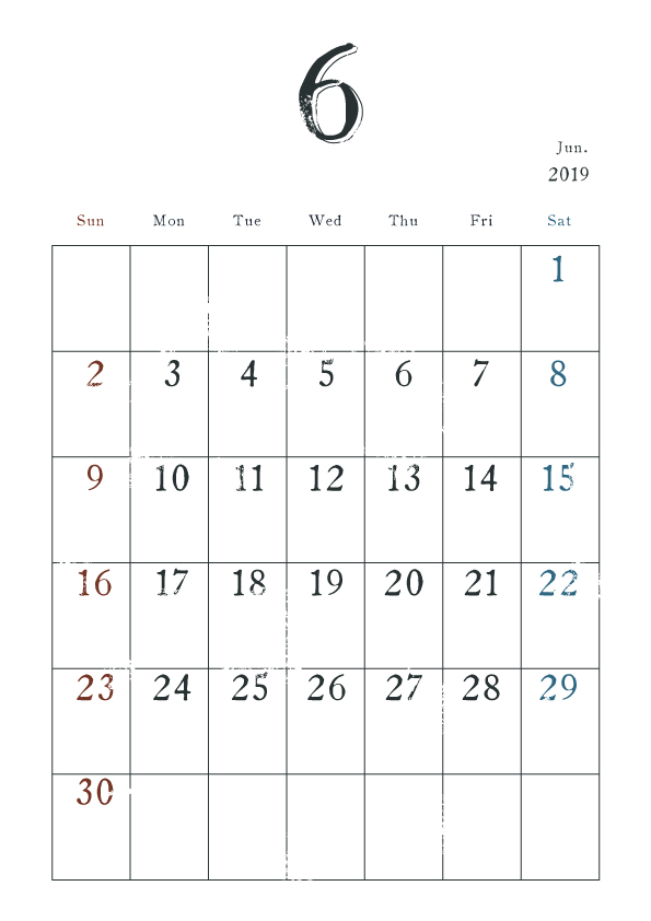 2019年カレンダー シンプル 6月 ヴィンテージ風 無料イラスト素材