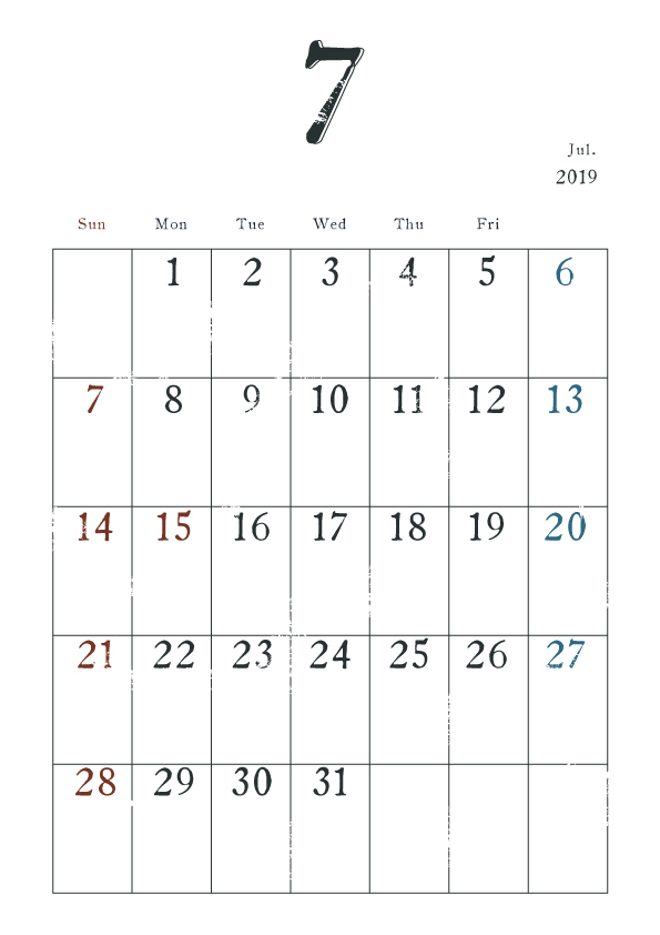 19年カレンダー シンプル 7月 ヴィンテージ風 無料イラスト素材 素材ラボ