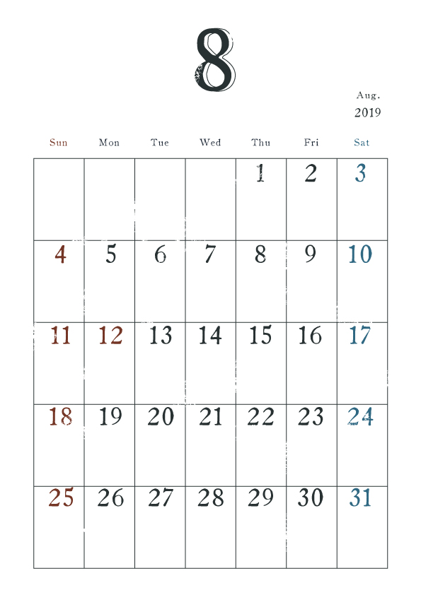 2019年カレンダー シンプル 8月 ヴィンテージ風 無料イラスト素材