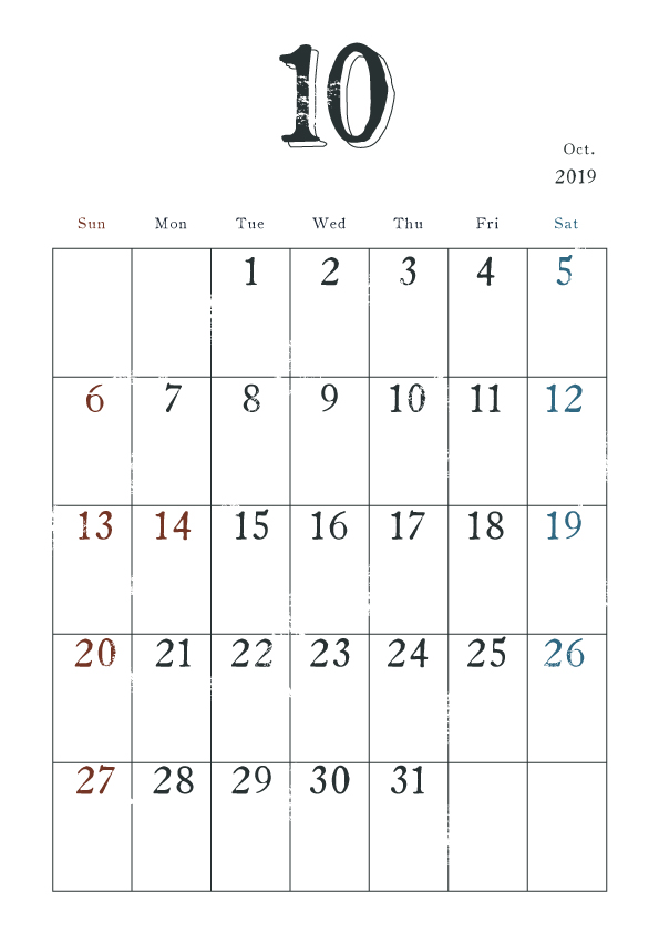 2019年カレンダー シンプル 10月 ヴィンテージ風 無料イラスト素材