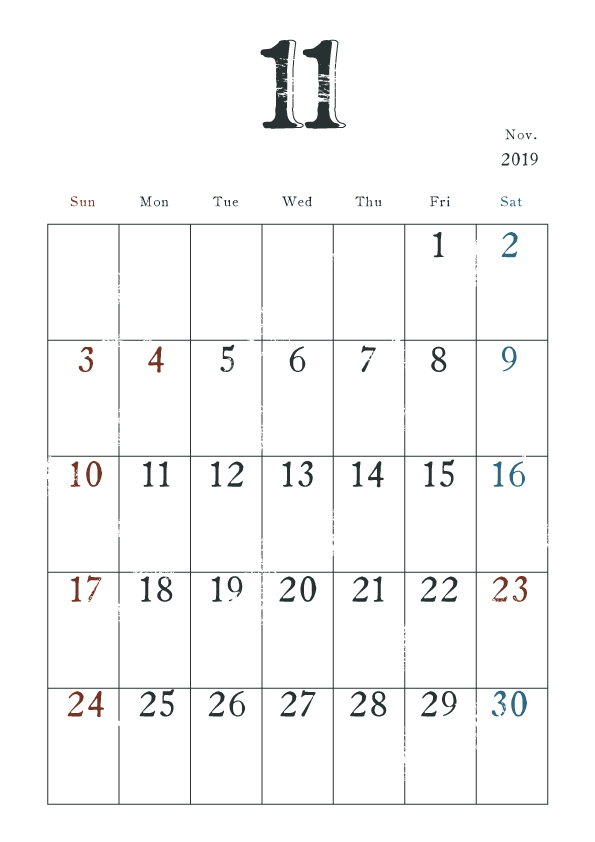 2019年カレンダー シンプル 11月 ヴィンテージ風 無料イラスト素材