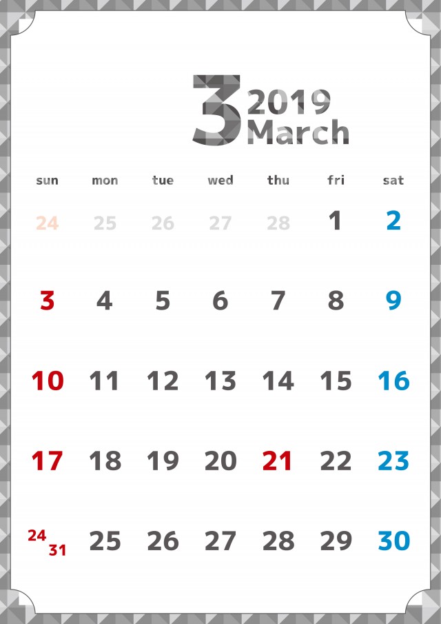 シックなフレーム付きカレンダー 19年 3月 無料イラスト素材 素材ラボ