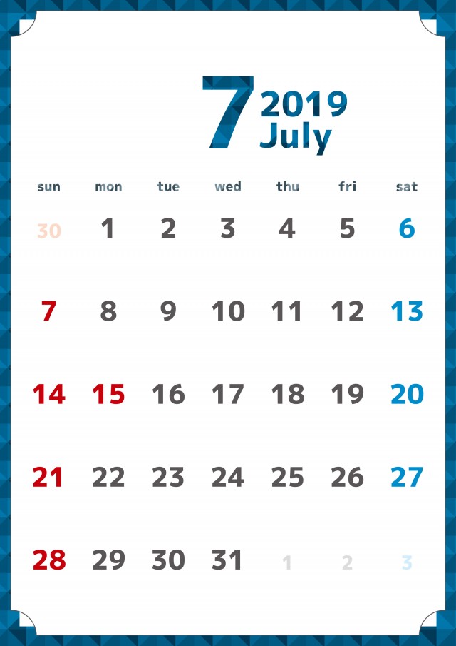 シックなフレーム付きカレンダー 19年 7月 無料イラスト素材 素材ラボ