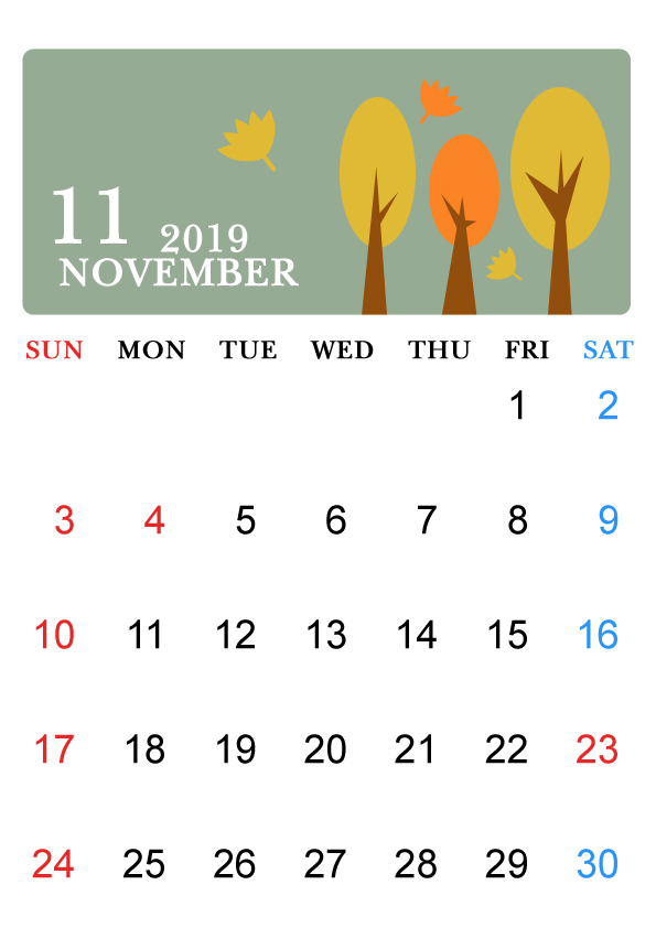 19年 11月 季節のカレンダー 無料イラスト素材 素材ラボ