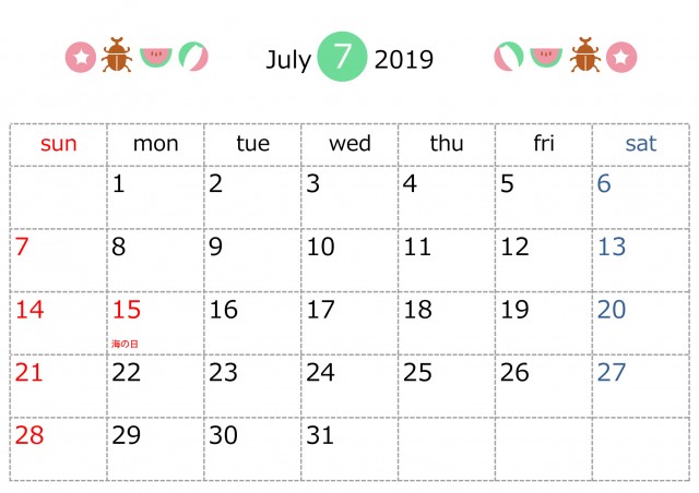季節のラインカレンダー 19年 7月 無料イラスト素材 素材ラボ