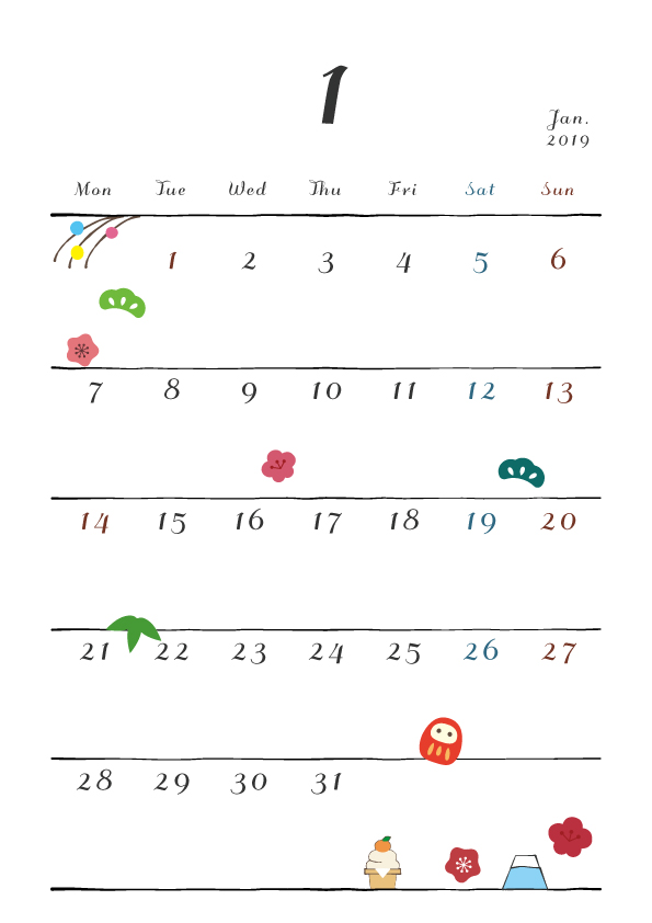 19年カレンダー 月曜始まり 縦型 1月 無料イラスト素材 素材ラボ