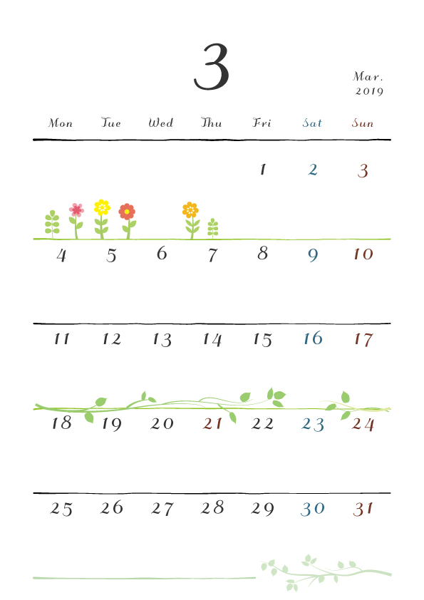 19年カレンダー 月曜始まり 縦型 3月 無料イラスト素材 素材ラボ