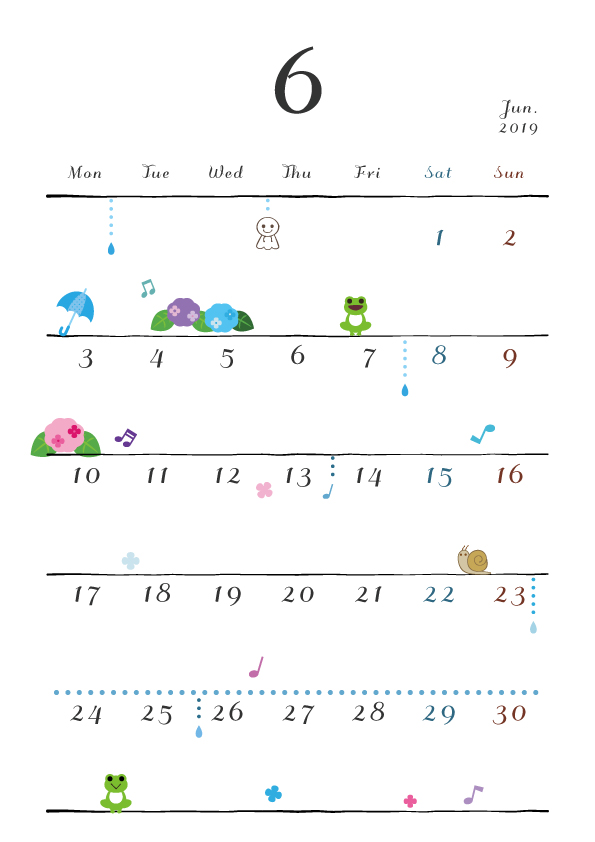 19年カレンダー 月曜始まり 縦型 6月 無料イラスト素材 素材ラボ
