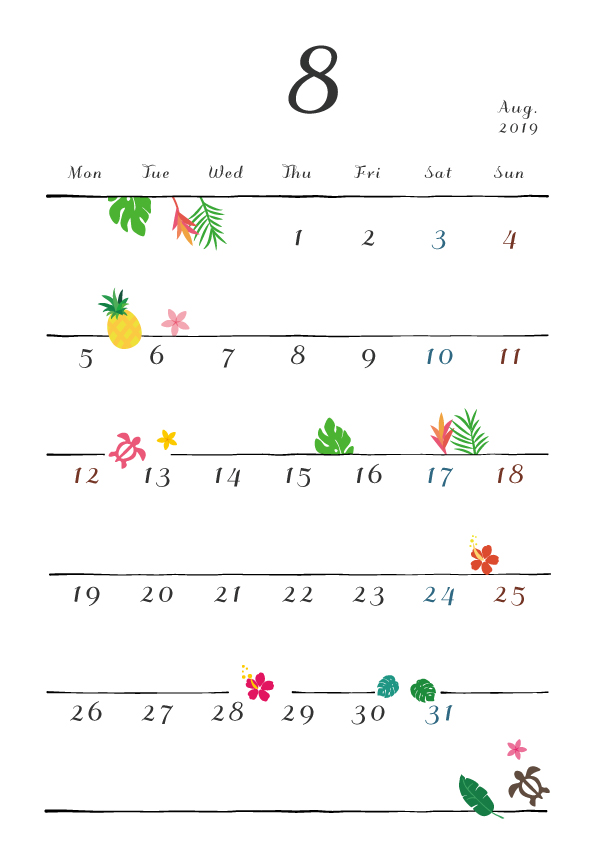 19年カレンダー 月曜始まり 縦型 8月 無料イラスト素材 素材ラボ
