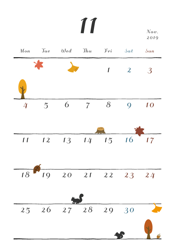19年カレンダー 月曜始まり 縦型 11月 無料イラスト素材 素材ラボ
