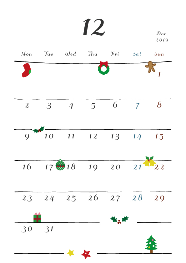 19年カレンダー 月曜始まり 縦型 12月 無料イラスト素材 素材ラボ