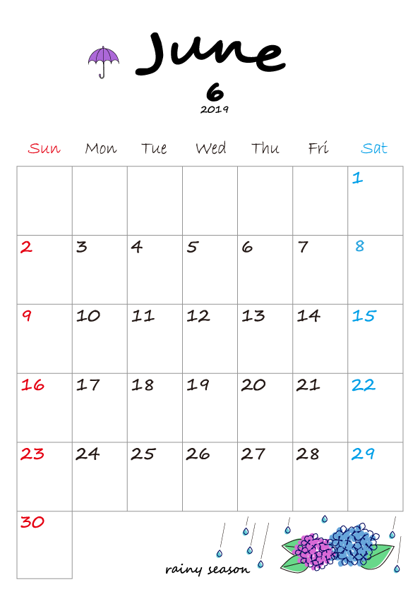 シンプルカレンダーa4縦 ワンポイントイラスト6月 無料イラスト素材