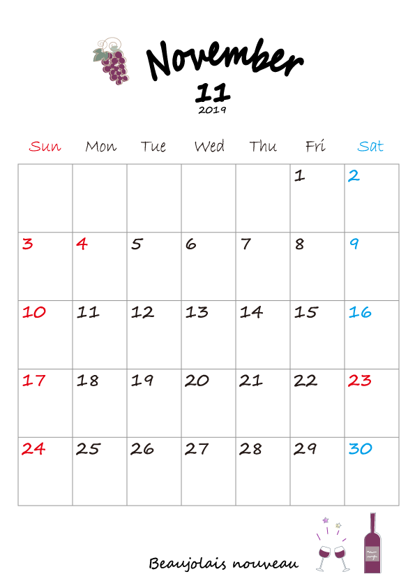 シンプルカレンダーa4縦 ワンポイントイラスト11月 無料イラスト素材