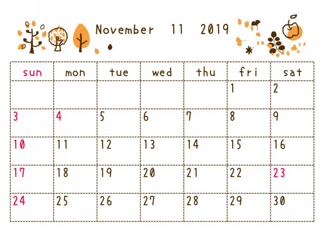 2019年１1月カレンダー 落書き 無料イラスト素材 素材ラボ