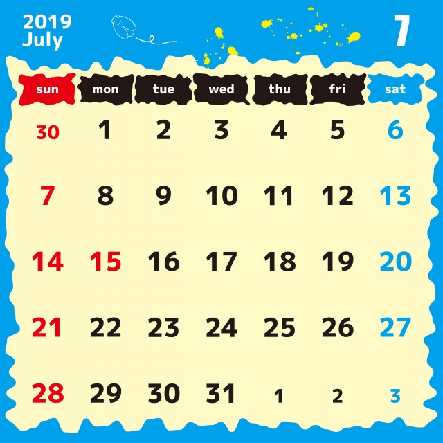 正方形ポップデザイン 19年カレンダー 7月 無料イラスト素材 素材ラボ