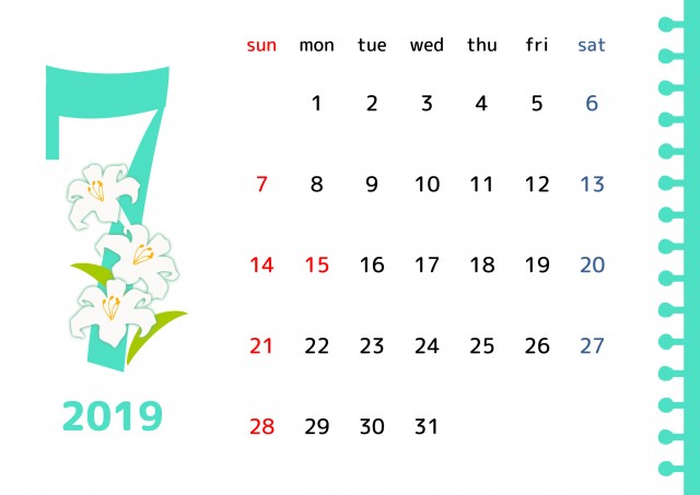 誕生花のカレンダー　2019年7月