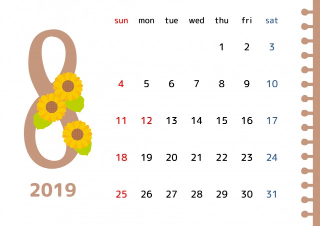 誕生花のカレンダー　2019年8月