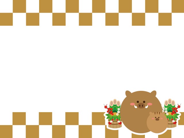 丸いいのししと門松の金色の市松模様フレーム 無料イラスト素材 素材ラボ