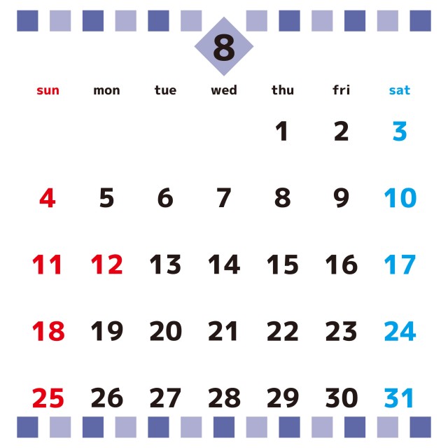 正方形シンプルデザイン 19年カレンダー 8月 無料イラスト素材 素材ラボ