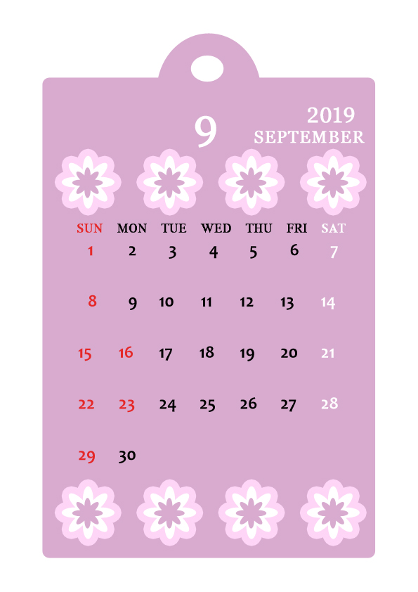 19年 花とタグのカレンダー 9月 無料イラスト素材 素材ラボ