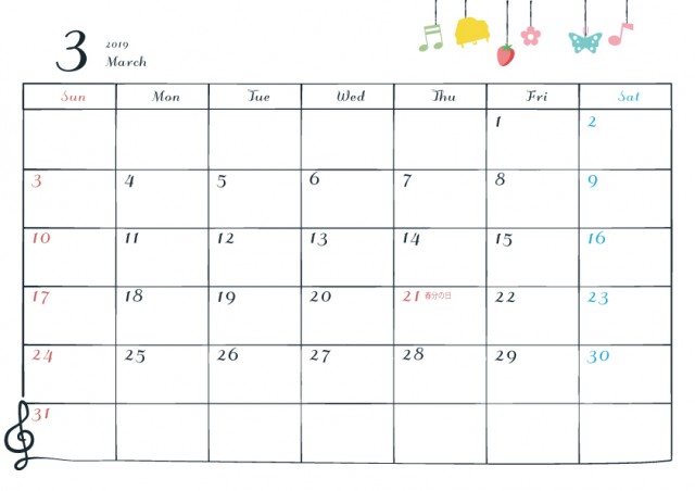 2019年カレンダー 音楽と季節モチーフのオーナメント 3月 無料