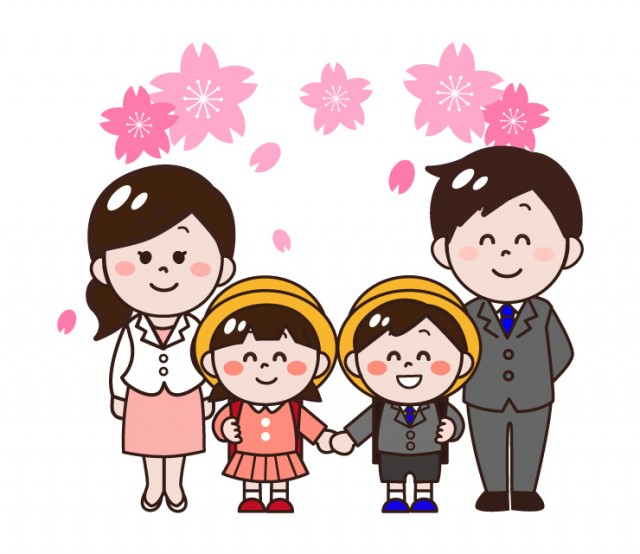 桜と小学校の入学式に参加する家族のイラスト 無料イラスト素材
