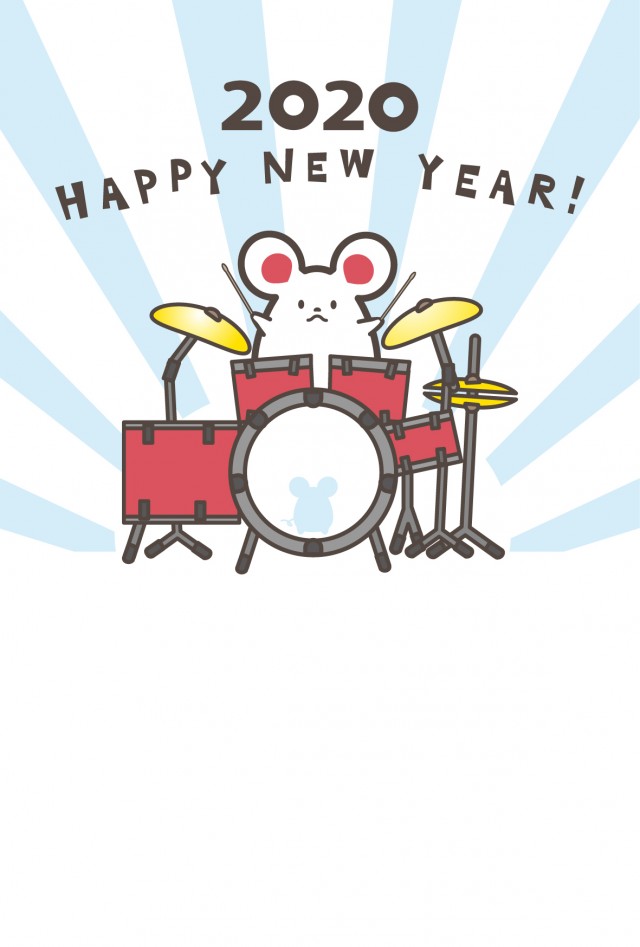 2020年 年賀状 ドラムを演奏する白色のネズミ 無料イラスト素材