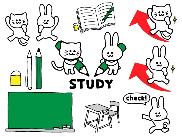 猫とウサギの勉強イラストセット 無料イラスト素材 素材ラボ